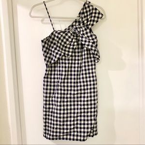 one shoulder checked mini bow dress